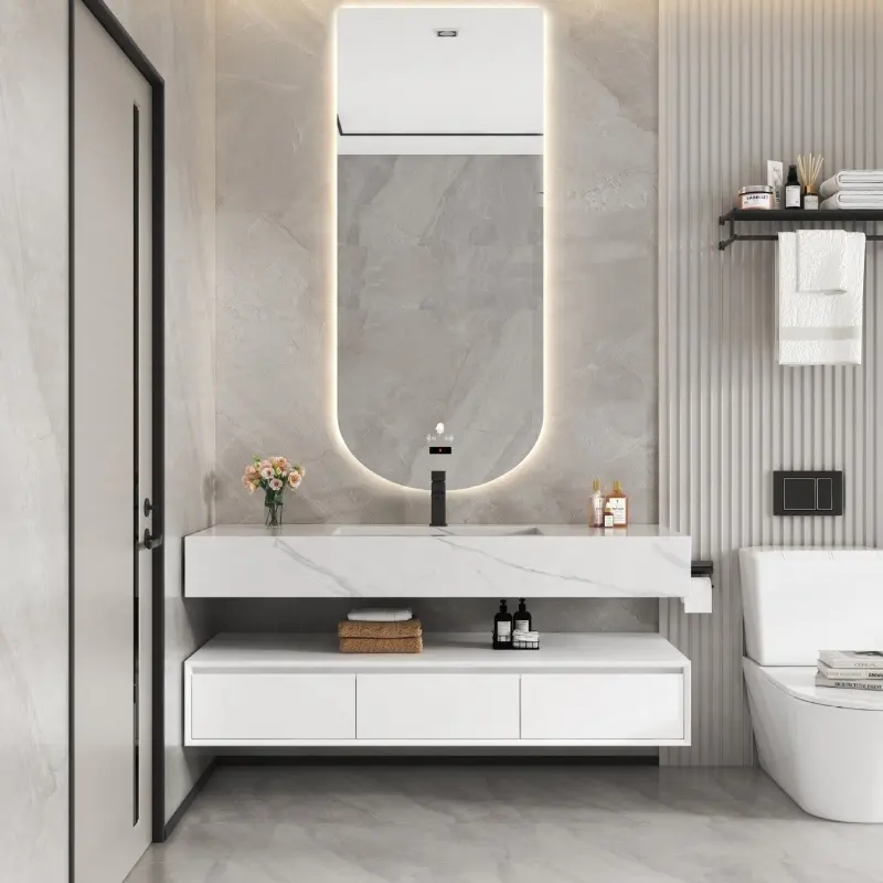 Mobile da bagno in marmo bianco con doppio lavabo di vendita calda mobile da bagno galleggiante moderno in pietra sinterizzata con specchio