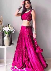 印度民族服装乔其纱粉色Lehenga Choli配Dupatta配重数码印花序列刺绣作品<span class=keywords><strong>Lengha</strong></span>