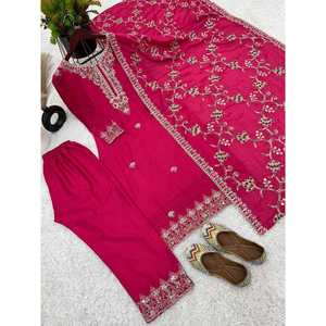 LATEST CHINON EMBROIDERY SEQUENCE WORK TOP <strong>BOTTOM</strong> WITH DUPATTA PINK - Product Image 4