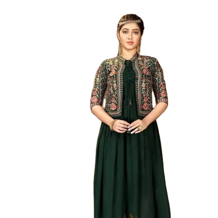 Kain Sifon Terbaru Pakistan Gaun Barat India Georgette dengan Stlylist Koti Satu Warna Satu Potong untuk Wanita untuk Pakaian Pesta