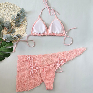 Kadın 3-Piece Set 5 renk üçgen üst ped Bikini brezilyalı arsız mayo plaj için Sarong CoverUp katı 3D çiçek desen yıkanmış - Product Image 6