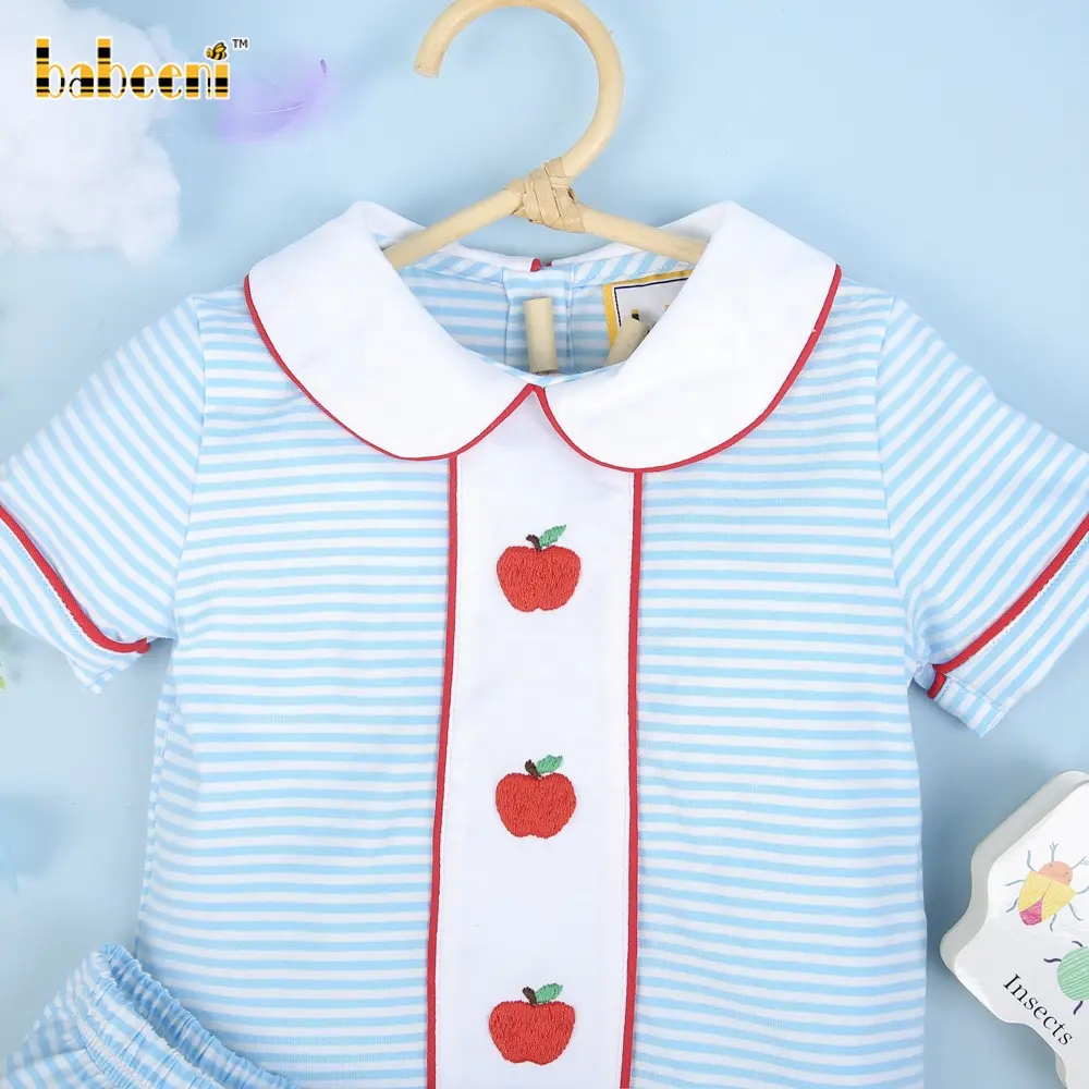 Red apple embroidery boy short set blue stripe knit ODM OEM wholesale smocked children boyclothing - BB2164