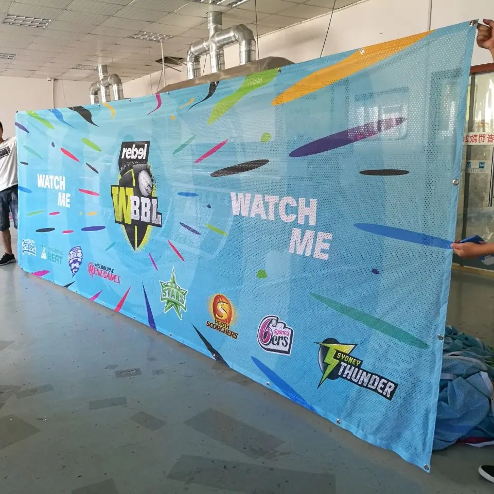 कस्टम विज्ञापन जाल पॉलिएस्टर बैनर वाटरप्रूफ सब्लिमेशन बैनर 5 मीटर प्रिंटिंग फैब्रिक बाड़ बैनर