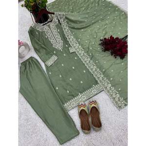 LATEST CHINON SILK EMBROIDERY WORK TOP <strong>BOTTOM</strong> WITH DUPATTA GREEN - Product Image 5