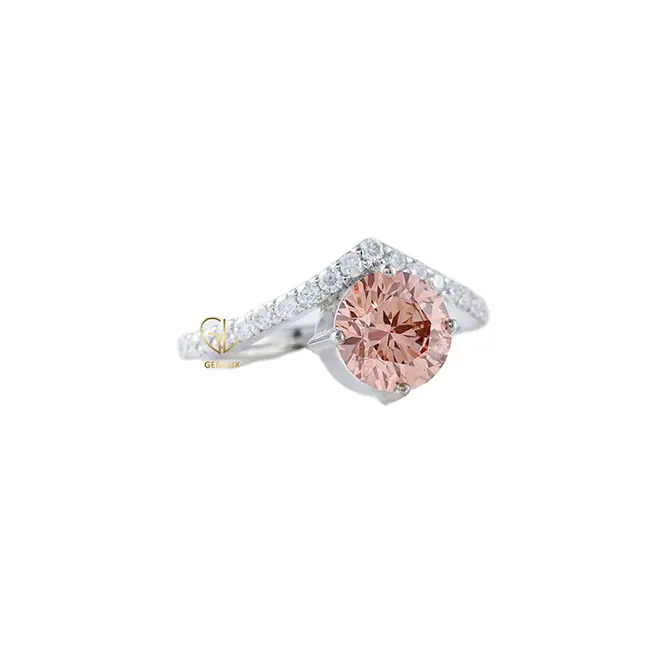 1.5 CT yuvarlak kesim morganit CVD elmas pembe renk VVS netlik kavisli Shank için yarım Accent nişan yüzüğü ile tektaş kadınlar