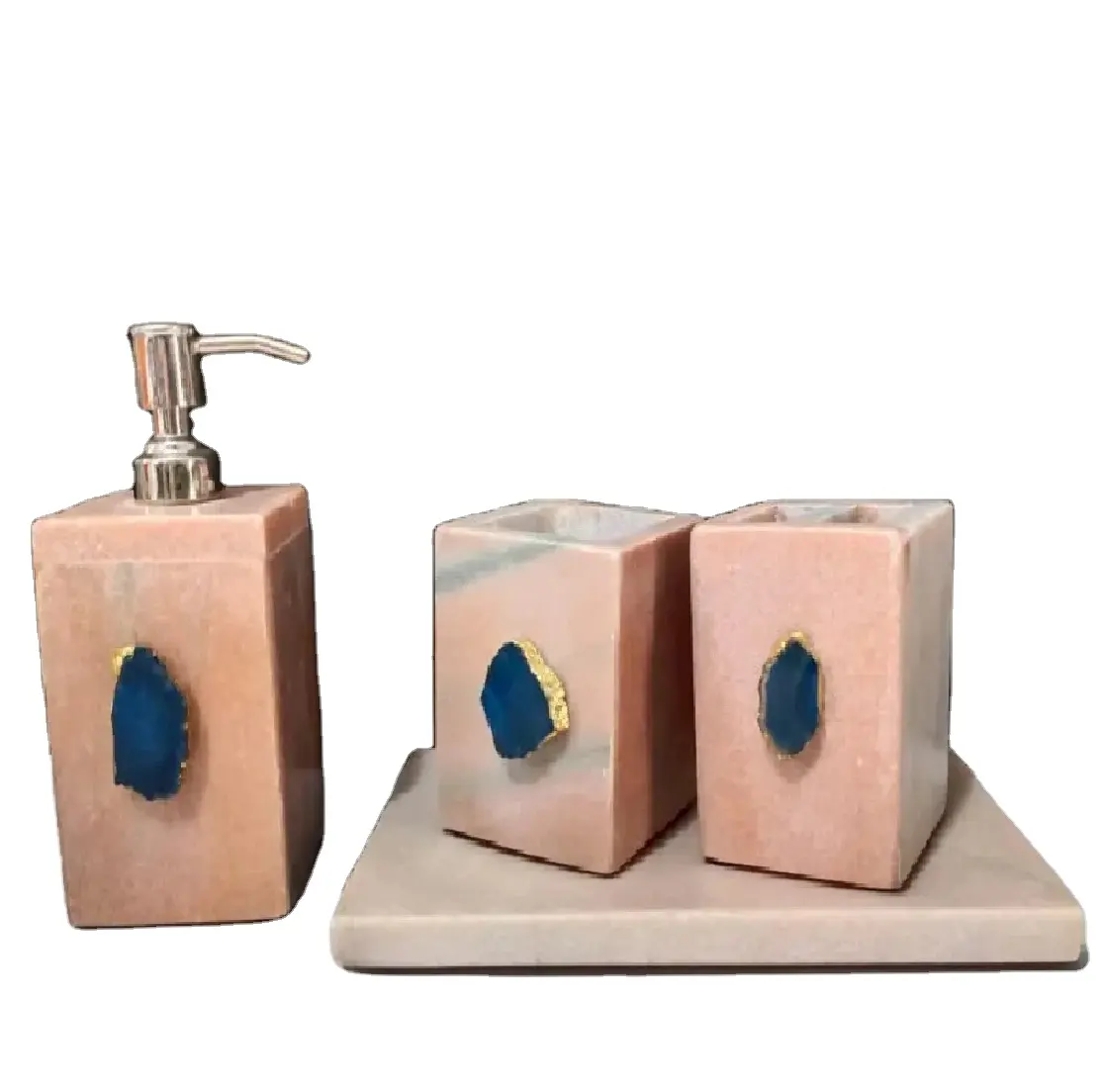 Naturmarmor-Agat-Stein-Badezubehör-Set mit 4 Teilen: Seifenspender Zahbürstenhalter-Tablett Becher-Badezimmerset