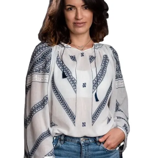 Blusa de algodón con manga larga para mujer, camisa con escote en V de diseñador bordado a la moda