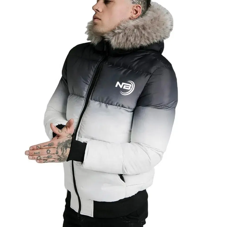 सर्दियों की फैशन स्ट्रीटवियर पुरुषों के फर हुड प्यूफर जैकेट नई मोटी डिजाइन कस्टम लोगो स्टैंड कॉलर फर हुड