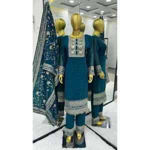 ATTRACTIVE GEORGETTE EMBROIDERY SEQUENCE WORK TOP <strong>BOTTOM</strong> WITH DUPATTA RAMA - Product Image 1