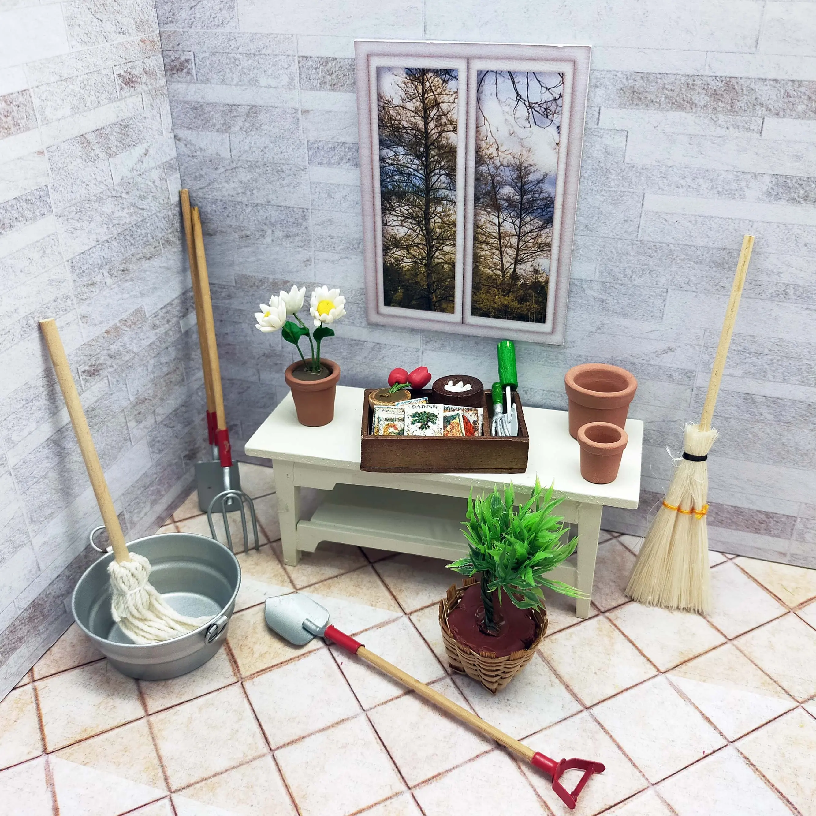 Bonecas miniaturas 1: 12 acessórios planta flor ferramentas de jardinagem workshop