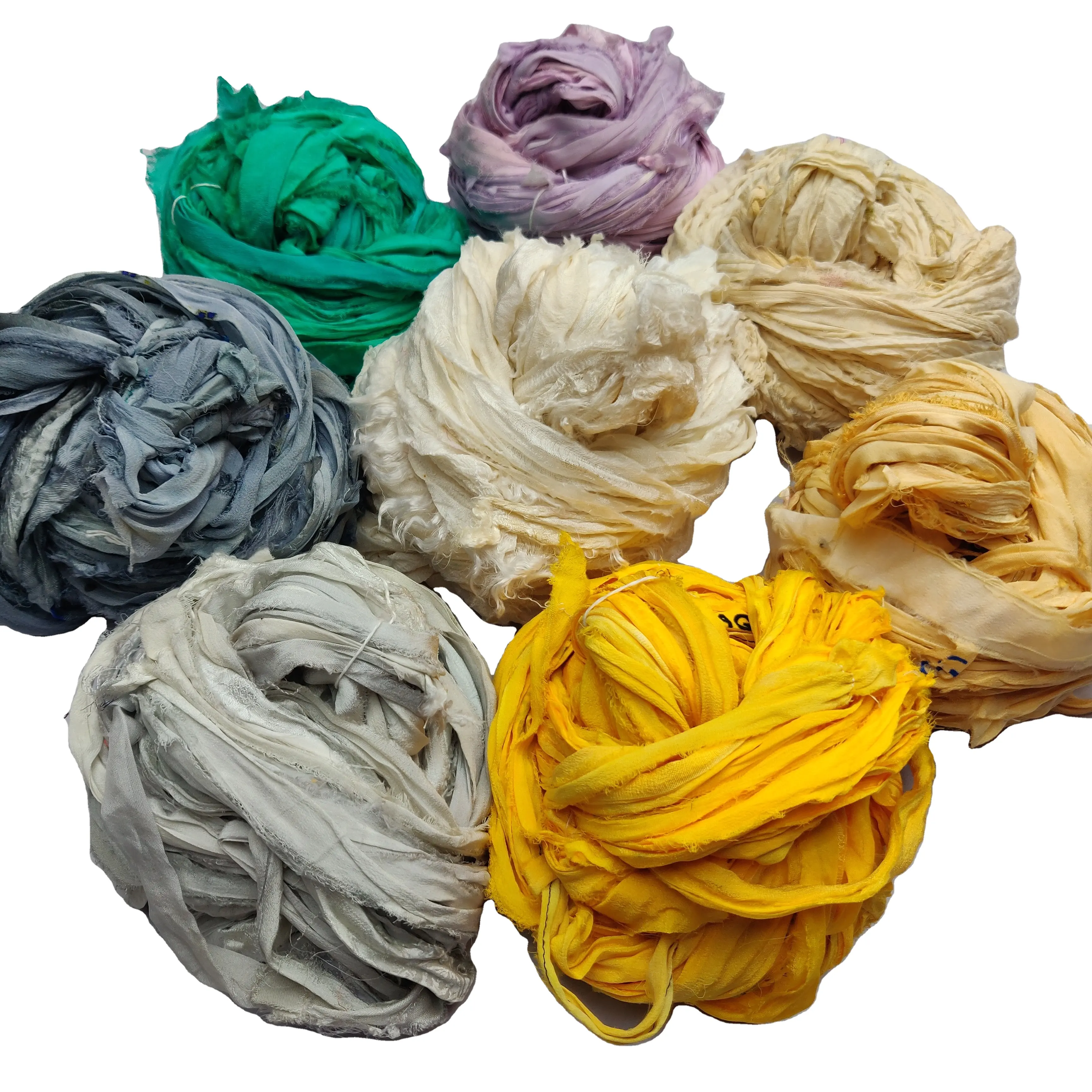 Fil de ruban de soie 100% fil fantaisie de déchets de tissu de soie, double Face fabriqué à la main, motif de couleur unie, fort mélange
