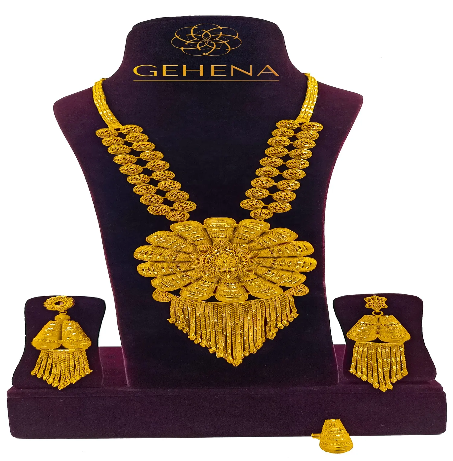 Collar largo chapado en oro de 24K para mujer, juego de pendientes y anillo para dedo, colgante elegante y grande de lujo, 5 gramos