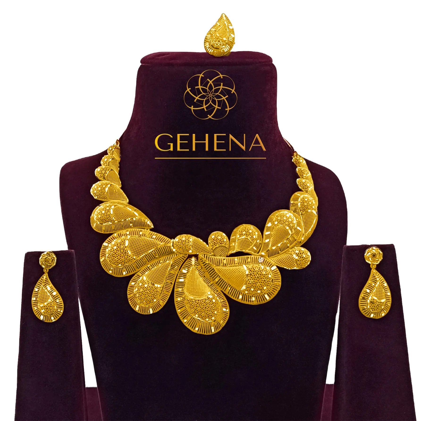5 Gramm 24 Karat vergoldet Trendy New Schöne Stilvolle Halskette Set Ohrring & Fingerring Frauen Neueste Geschenk Cadeau Modern ARABE