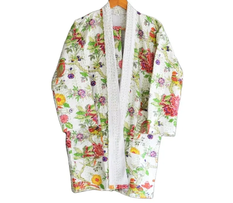 Chaqueta de fiesta para mujer, edredón con estampado de bloques de flores, chaqueta Kantha, chaqueta Kantha corta hecha a mano india, frente abierto