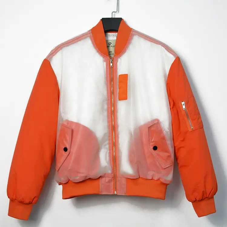 Chaqueta personalizada del equipo universitario para hombre, chaqueta bomber de tela transparente de nailon 100%, impermeable, prendas de vestir exteriores, chaquetas y abrigos, color Naranja
