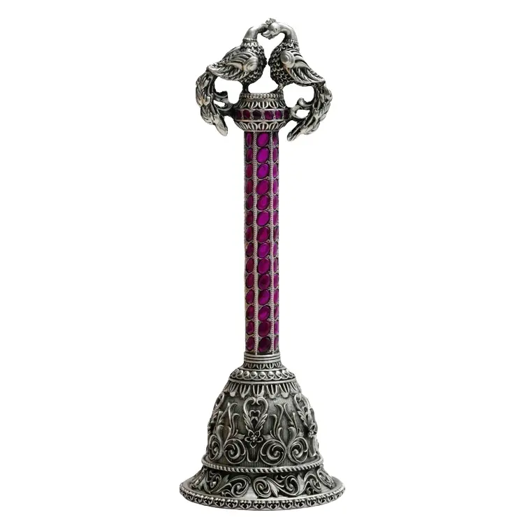 Elegante diseño de pavo real oxidado plateado diario Pooja usado 925 Sterling Metal precioso rubí piedra tachonada campana a bajo precio