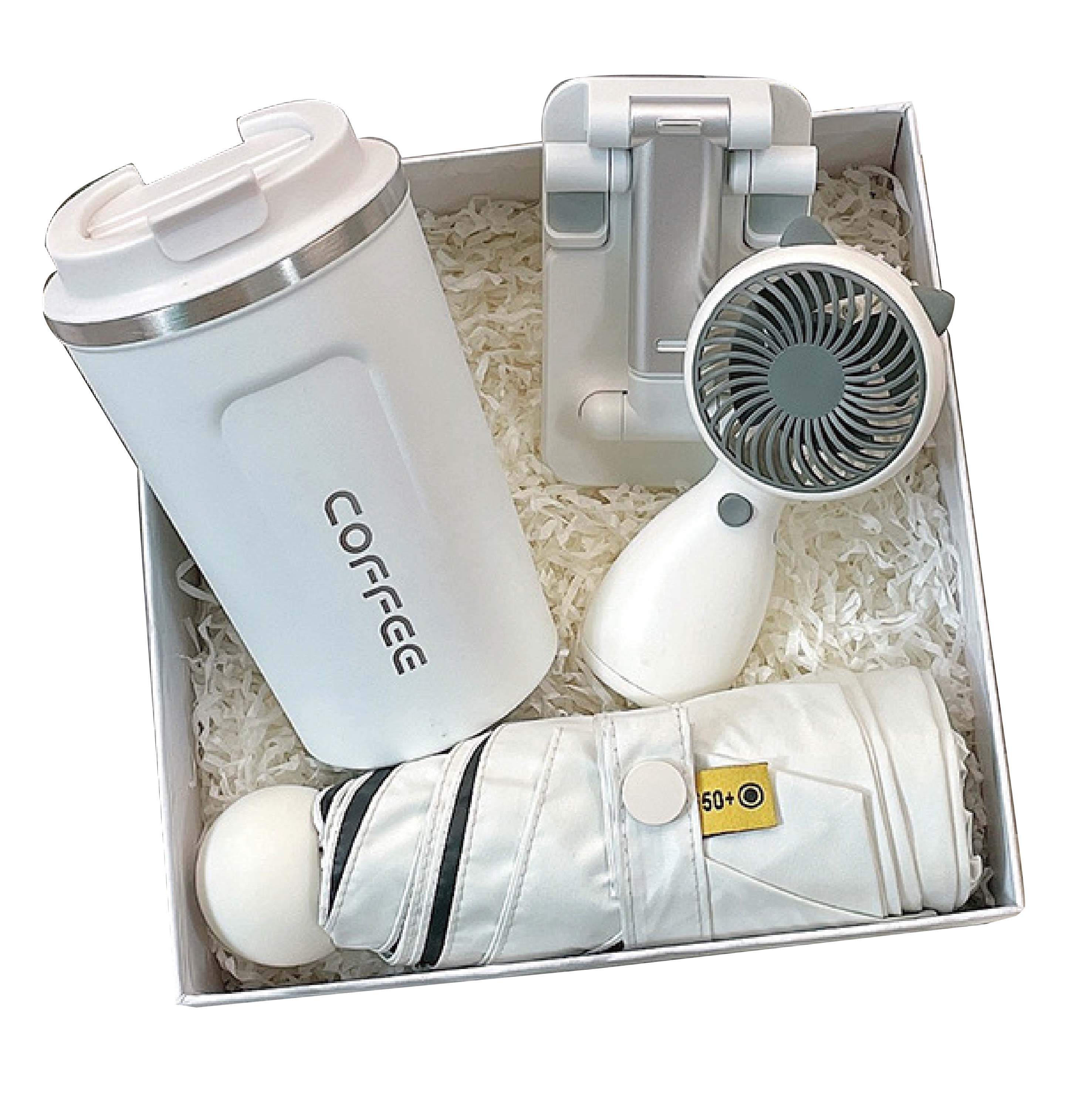 Thermos cup, mobile phone holder, small fan, umbrella