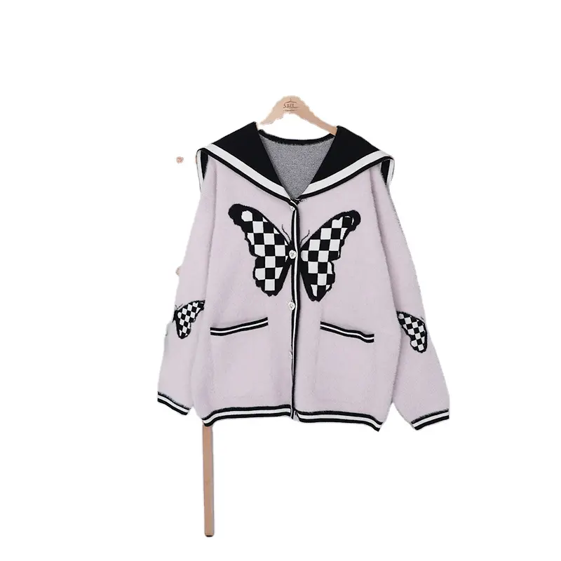 Nouveau design de pull-over cardigan en mohair à col en V pour femmes Logo personnalisé respirant à manches longues tricoté flou avec boutons