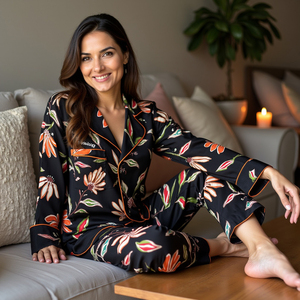 Cesur ve güzel kadın pijama, Va Va Voom baskı ile viskon ve etik olarak güzel bir com için zanaatkarlar tarafından uyarlanmış