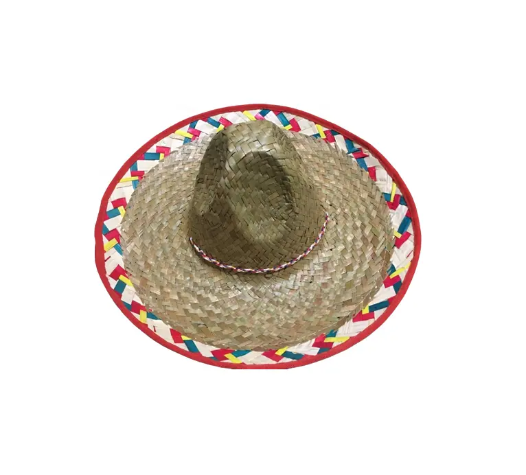 כמות בתפזורת במפעל כובע סומבררו קש גדול עם שפה כחולה עם לוגו מותאם אישית / כובע במבוק בעבודת יד / כובע גל עלי דקל מסורתי