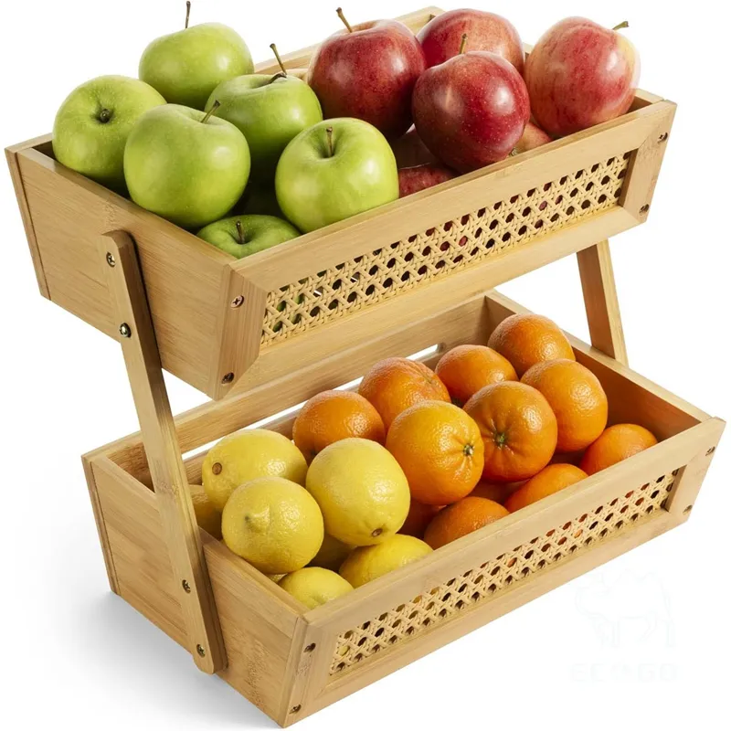 Бамбуковая корзина для фруктов для кухни, Двухуровневая корзина для овощей и фруктов из ротанга