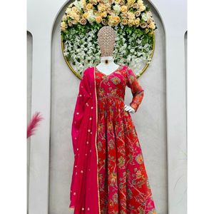 DESIGNER GEORGETTE DIGITAL PRINT WORK GOWN BOTTOM WITH DUPATTA <strong>RED</strong>