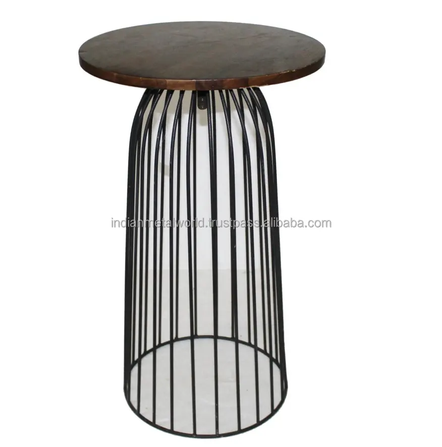 WROUGHT IRON ROUNDED COFFEE TABLE BLACK WITH WOODEN TOP