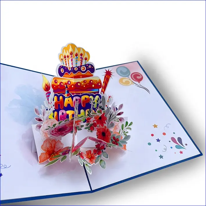 Cartões de felicitações pop-up 3D de alta qualidade, cartões de presente pop-up de papel, cartões com envelope, bolo de feliz aniversário - GC22