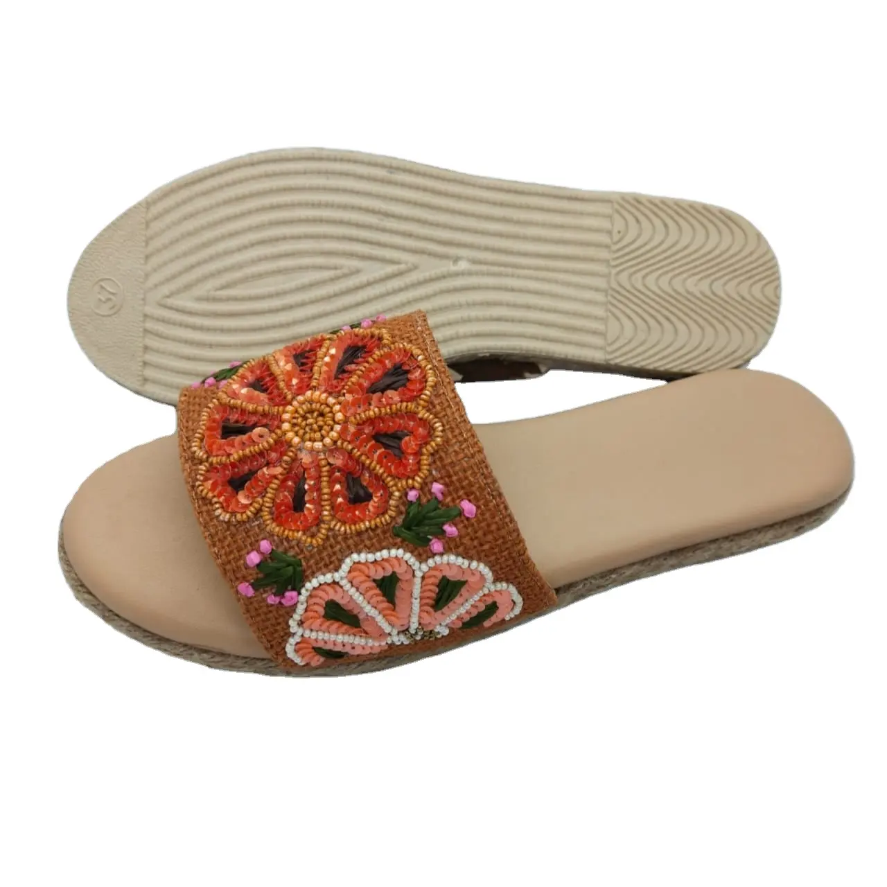 Sandálias espadrille, novas sandálias estilosas com contas de flores originais de design com bela decoração de raffiia em cores diferentes