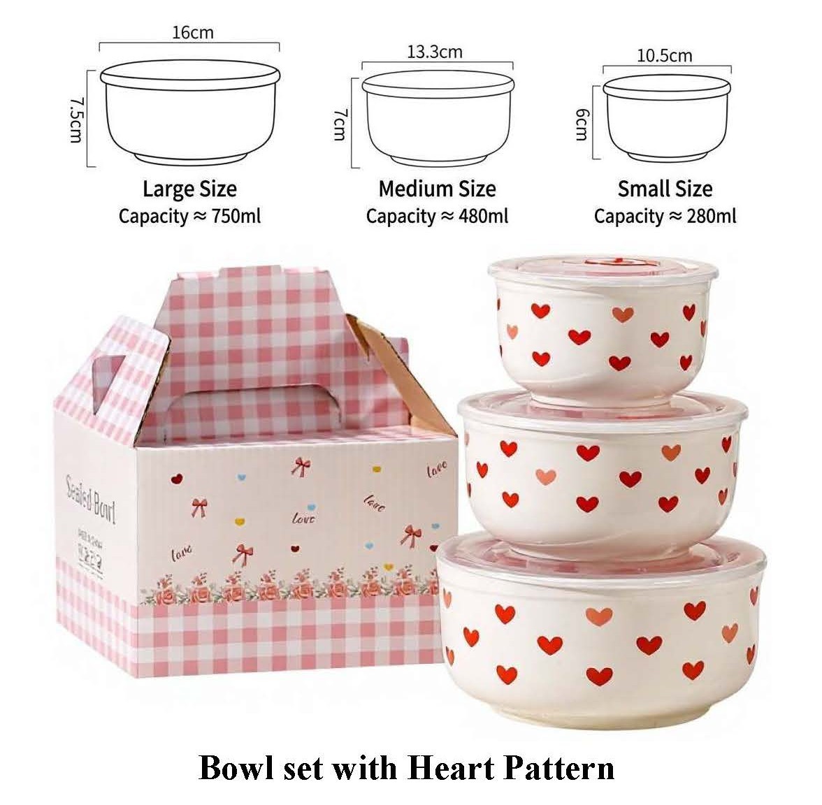 3-size bowl set wtih heart as pattern