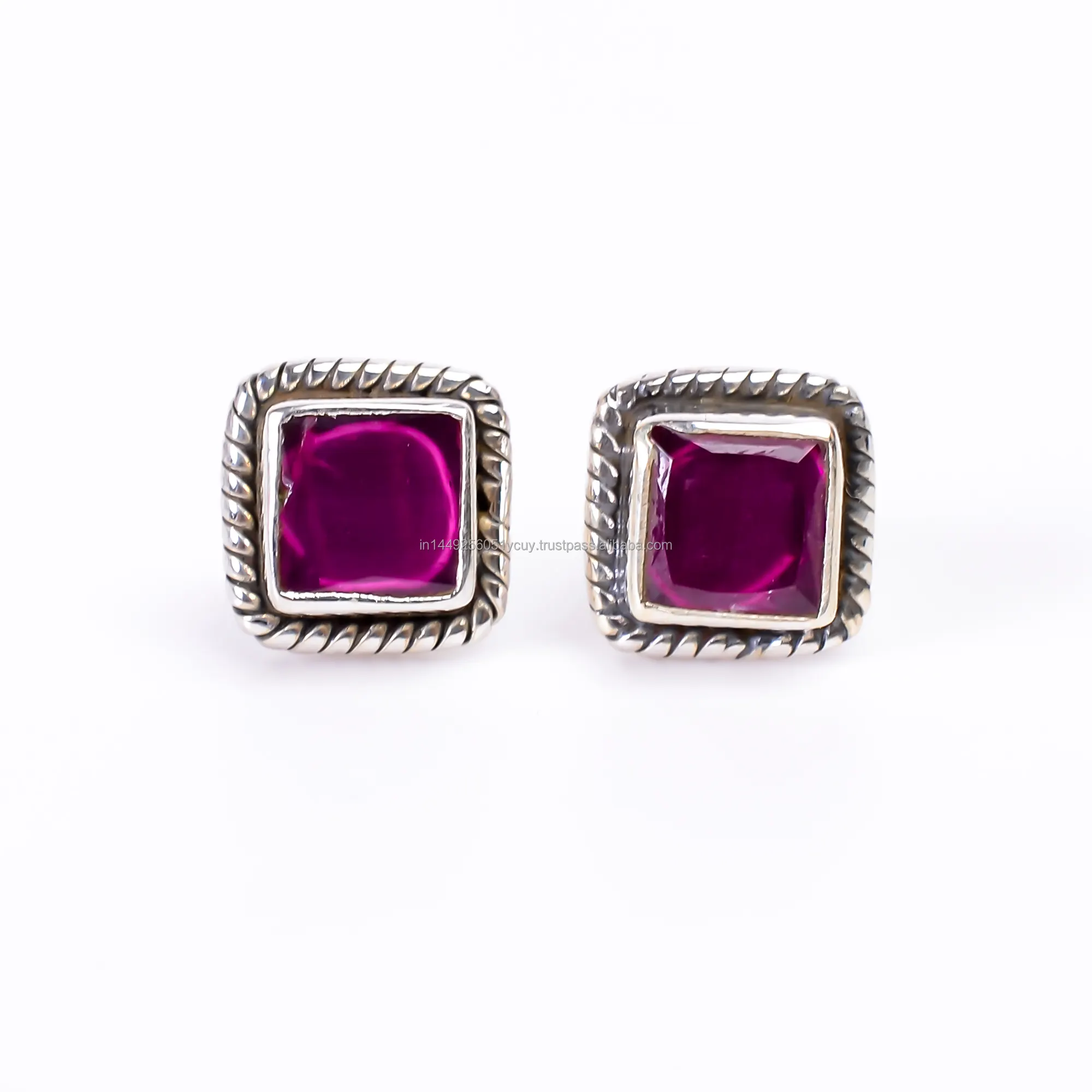 Natural Pink Ruby Square Vintage Handmade Jewelry 925 Sterling Silver Stud Earrings Gift For Her