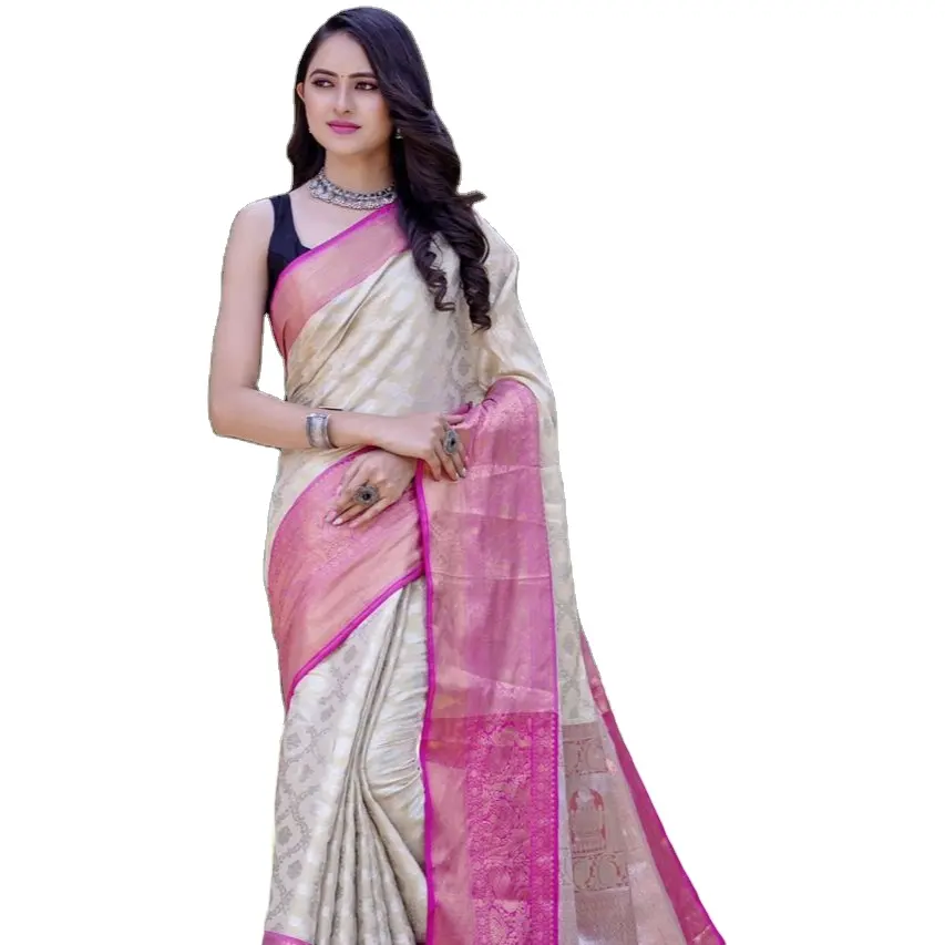 Anjivaram-tela de seda con pallu y contraste, borde grande y tela de seda en Saree