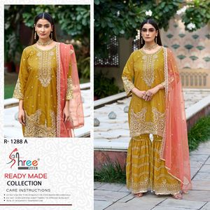 Organza Gharara Set With Boring &amp; Kasak Khatli Work, Embroidered Organza Dupatta With Lace, and Front-Back Work Sharara Bottom - Product Image 3