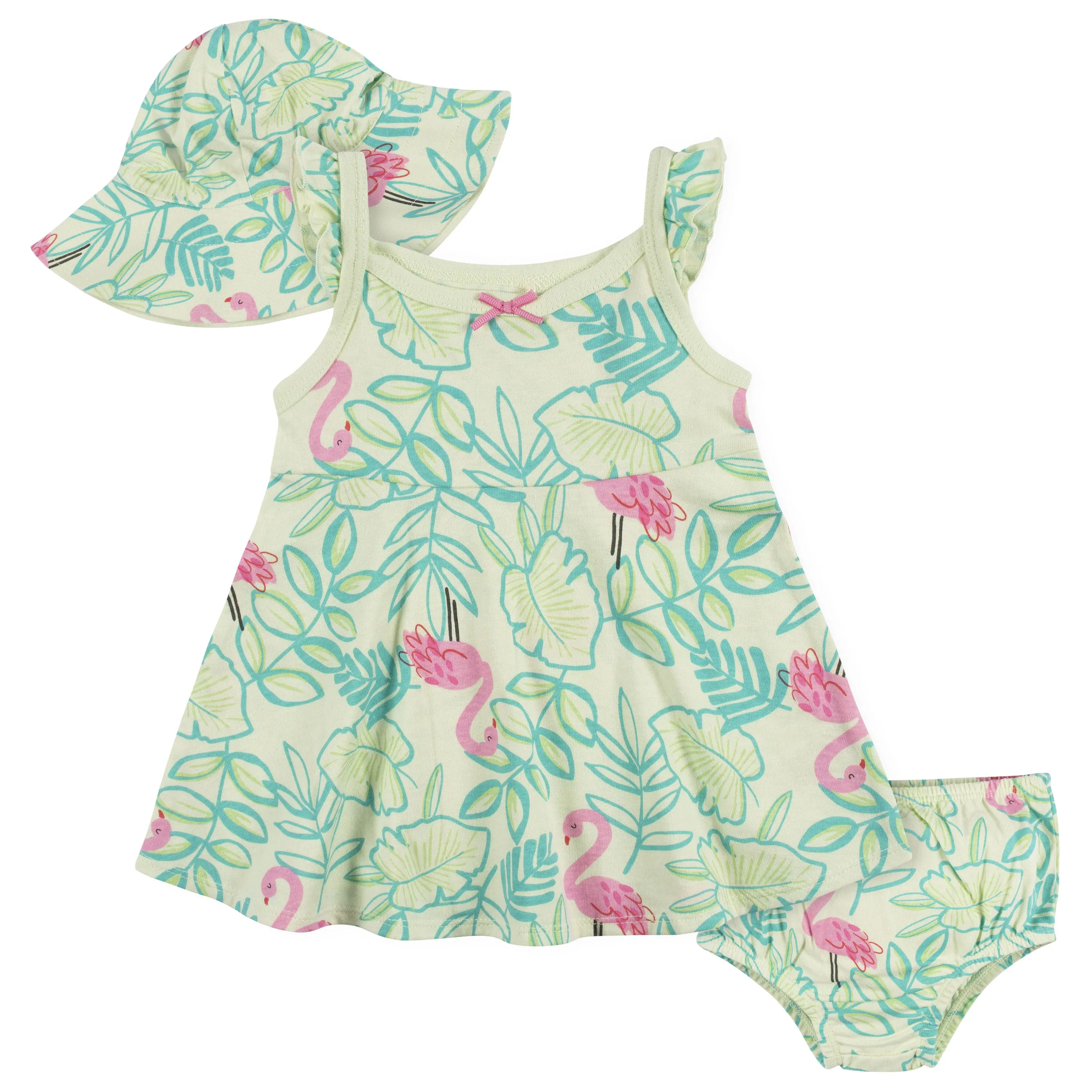 Gerber 3-Piece Baby & Toddler Meninas Flamingo Vestido Divertido, Fralda Capa & Reversível Sun Hat Set