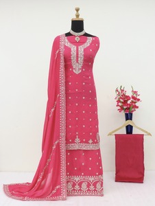 Chic Winter Glam Semi-Chinon Silk Salwar Kameez Indian Clothes with <strong>Sequence</strong> &amp; <strong>Coding</strong> Embroidery for Seasonal Festivities