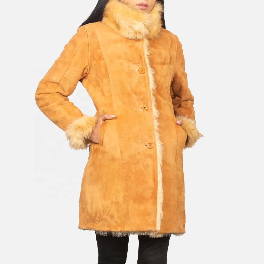 Parlak sarı kürk tarzı moda nefes Sheerling deri Toscana koyun kürk palto kadınlar için sıcak kış giysileri ceket
