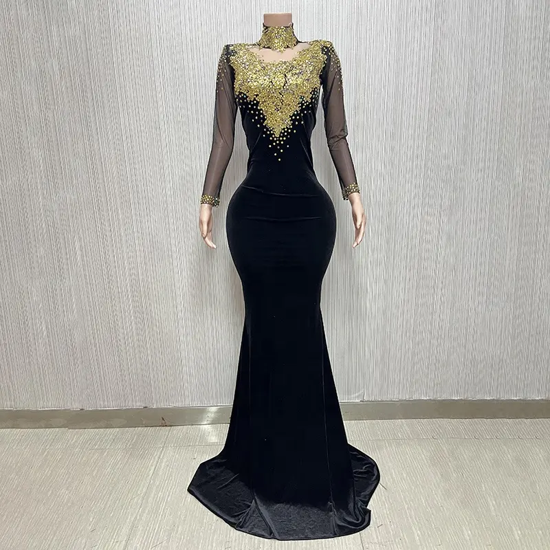 Y2404-B Custom Clothing 2024 Mesh Dress With Rhinestones Sexy Cocktail Dresses Long Sleeve Black Cocktail Gown