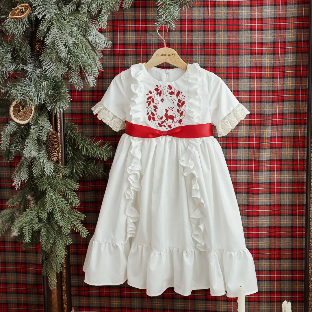 Machine Embroidery Baby Girl Vintage Dress White Short Sleeves Red Flower Pattern New Style - Snow Dress
