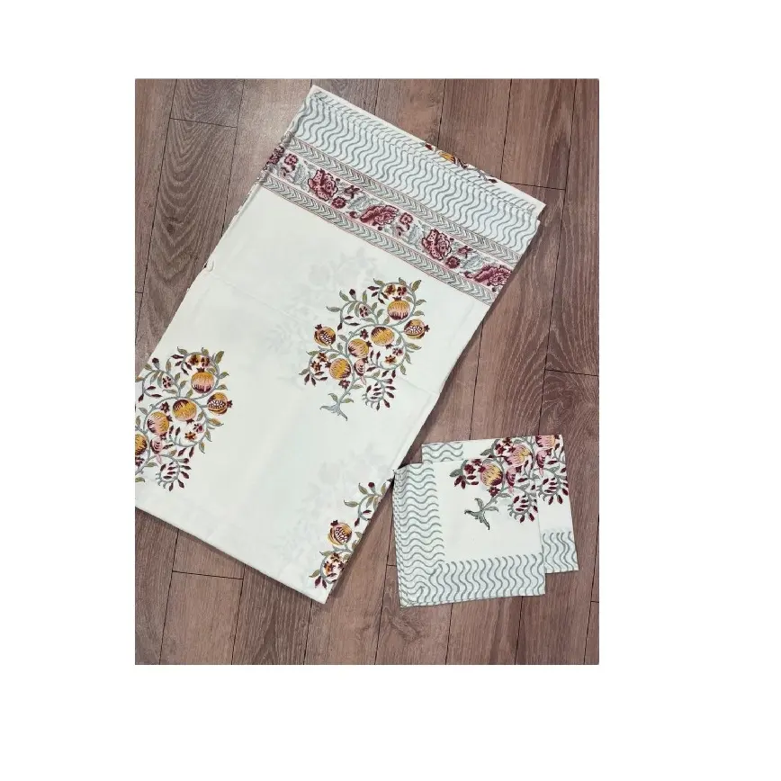 Hand Block Printed Cotton Canvas With Natural color Made Floral Design Home Decorative Dining Table Cover, Table Cloth