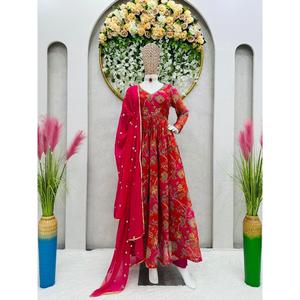 ชุดงานพิมพ์ดิจิตอล georgette ด้านล่างมีสีแดง - Product Image 1