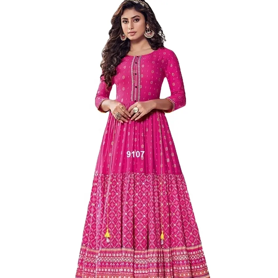 Robe longue imprimée de styliste indienne, vêtement de haute qualité, couleur rose, en coton Kurti kurta, tenue décontractée, lettre indienne