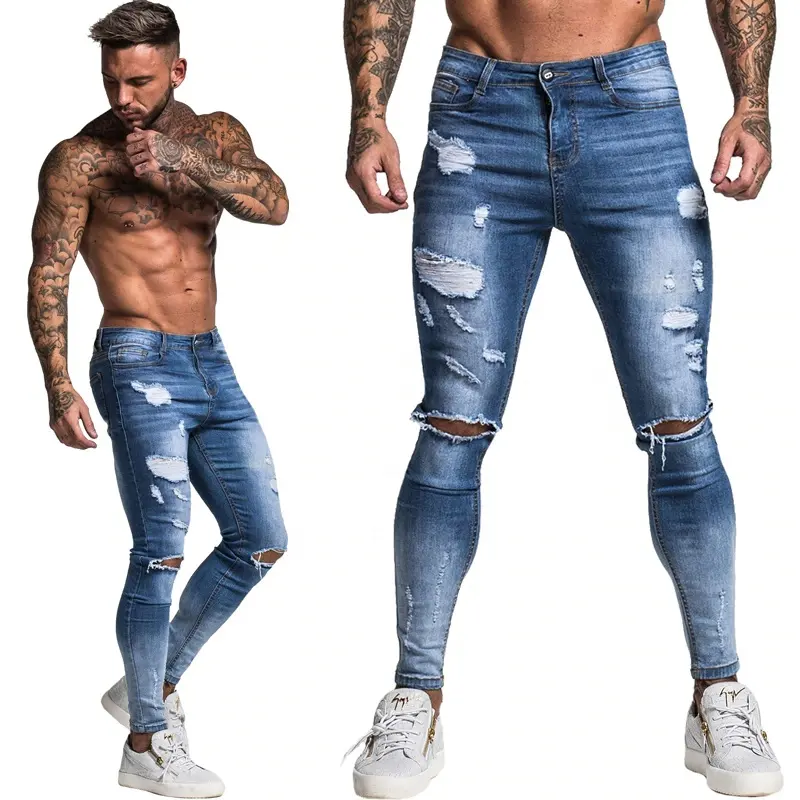 यूरोपीय शैली ब्रांड इटली Mens छेद डेनिम जींस कढ़ाई ब्लू पुरुषों पतलून जीन्स बटन के लिए लक्जरी ब्रांड जीन्स पुरुषों