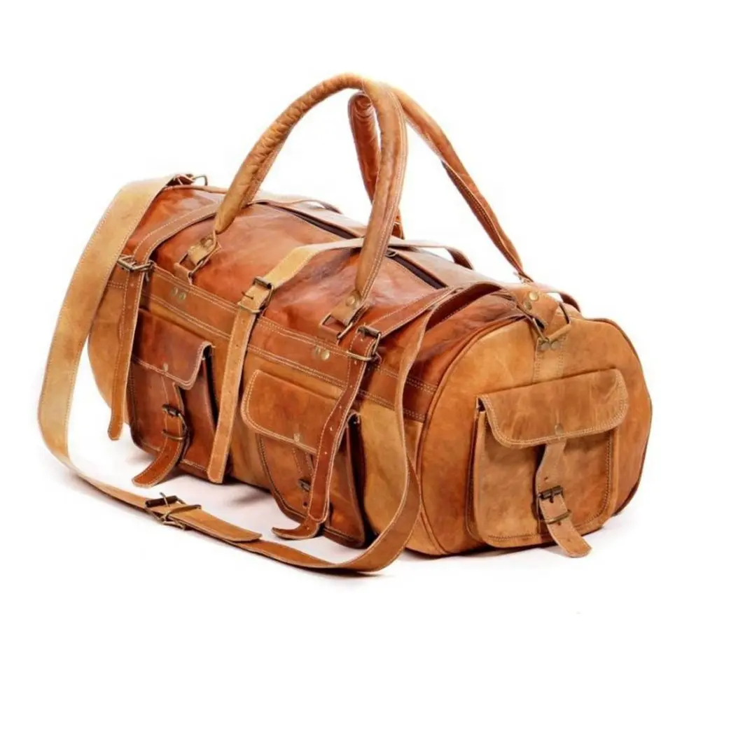 BOLSO DUFFLE LIGERO DE PIEL DE CABALLO CON FORRO DE LONA MULTIBOLSILLOS CREMALLERAS DE CALIDAD PESADA