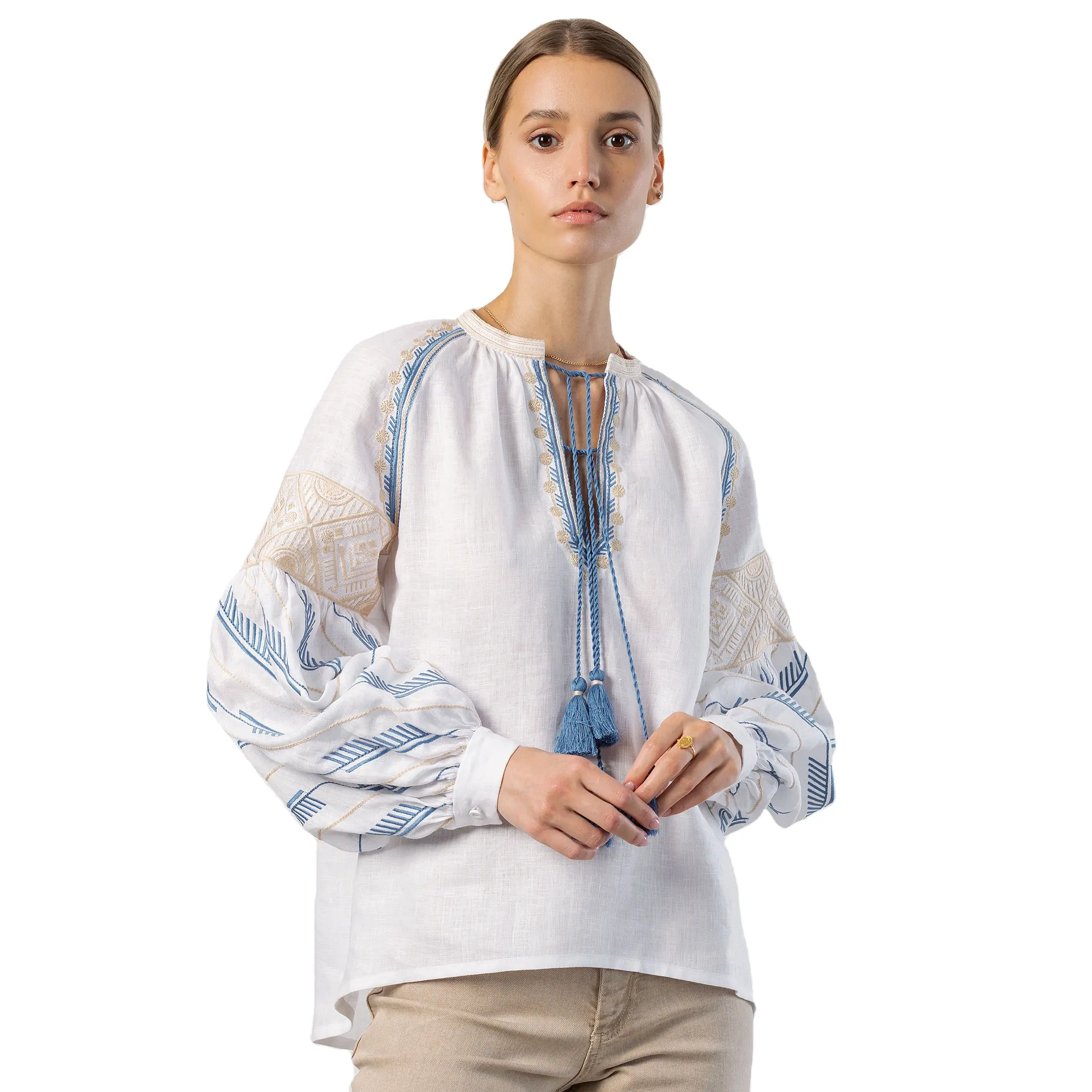 Blusa com manga bordada de algodão, blusa feminina feita em tecido ucrânico, bordada, para festas, top