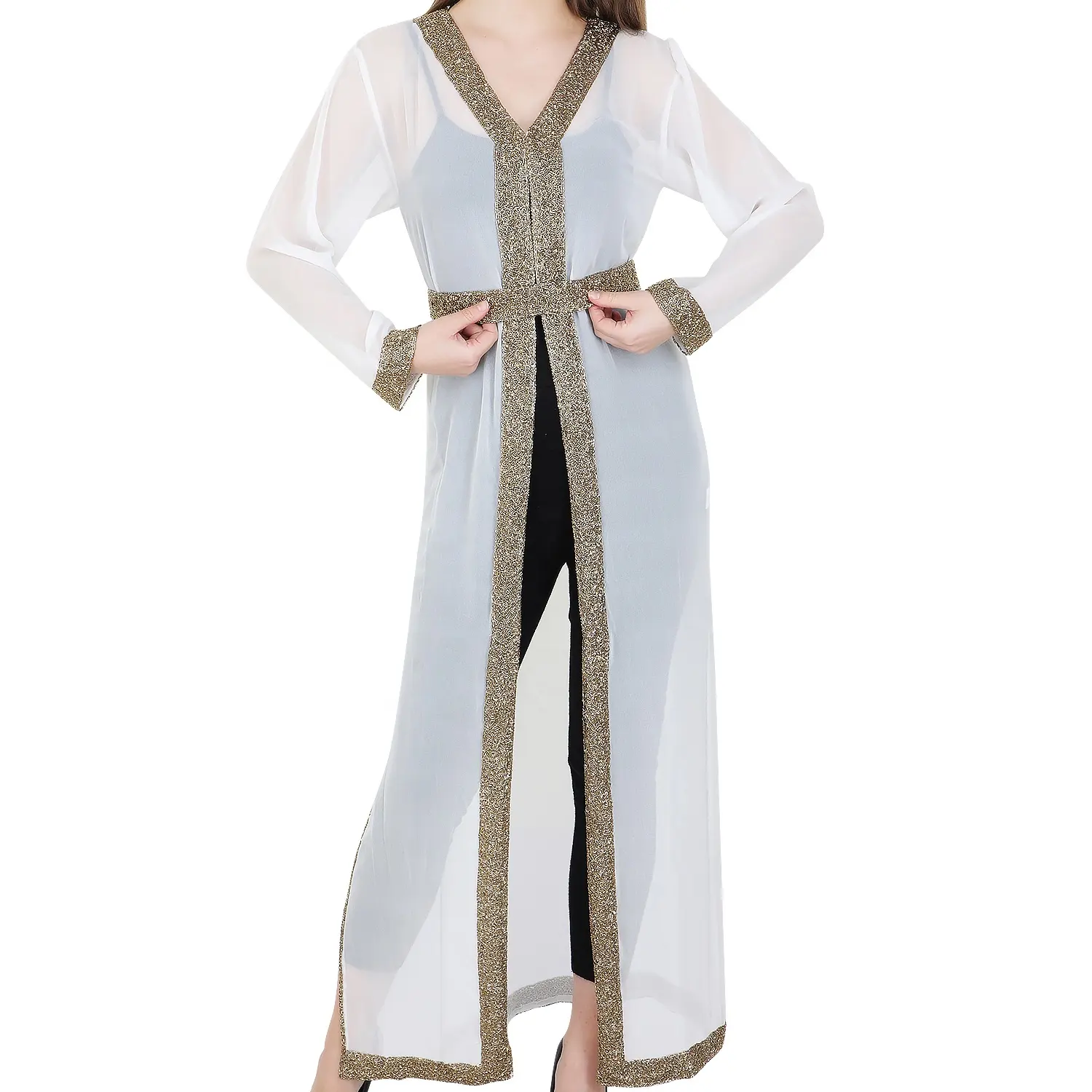 Vestido de caftán de gasa para mujer, cárdigan de trabajo a mano étnico Abaya de Dubái, ropa modesta, Kimono musulmán, nueva moda