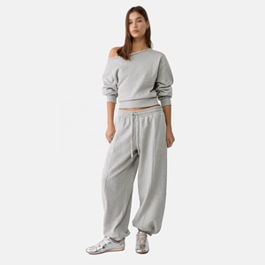Kadın % 100% pamuk polar Plazo Sweatpants Suit kırpılmış omuz Hoodie ile özel Logo katı desen iki parçalı Set - Product Image 1