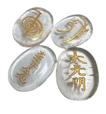 Juego de 4 símbolos de Reiki grabados, piedra de cuarzo transparente, forma ovalada, Set de 4 unidades con caja de madera