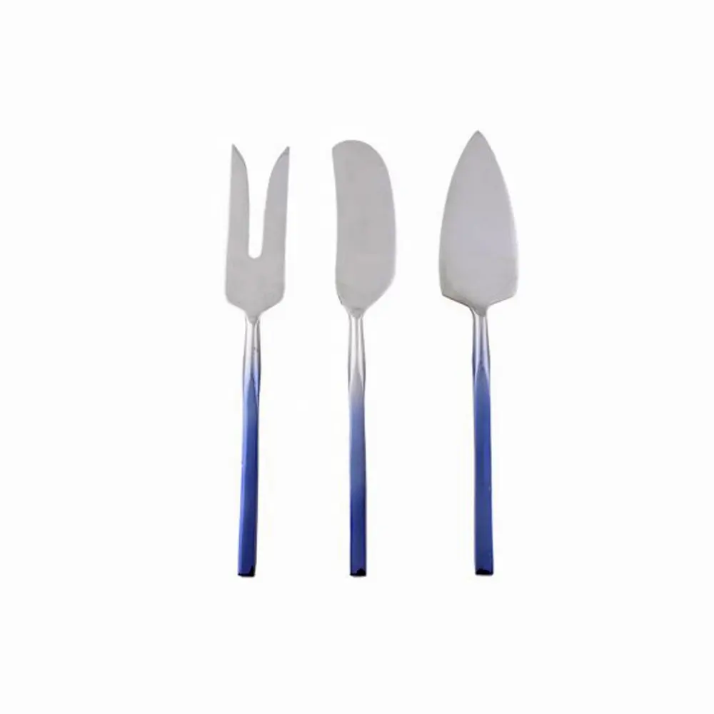 Set di coltelli da formaggio in acciaio inossidabile lucidato argento con affettatrice per formaggio con design a manico forgiato blu quadrato con aspetto moderno