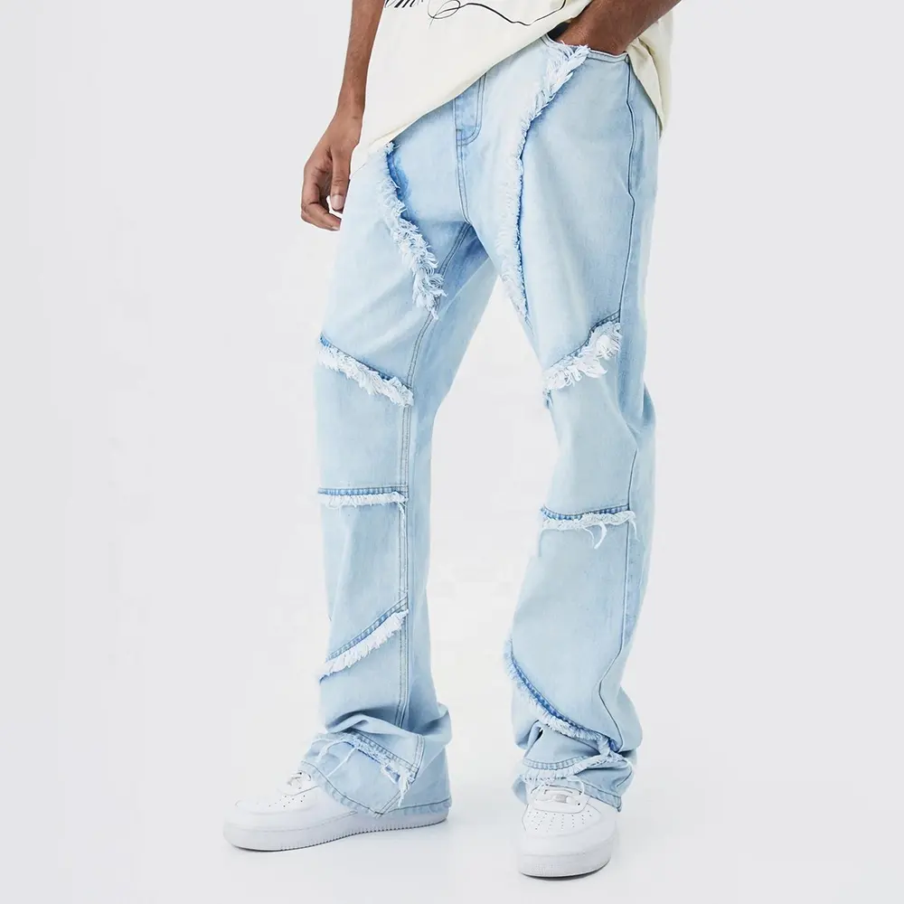 MJ204 streetwear distressed denim pants fashion design frayed jeans men flare jeans man