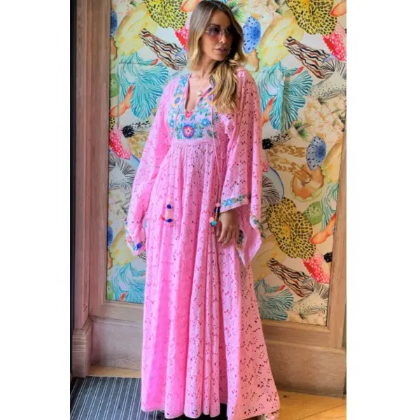 Vestido largo femenino de encaje con corpiño para mujer, Kimono con cordón ajustable, con apliques de color rosa energético